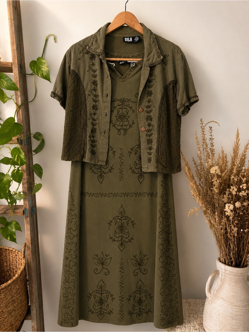Olive Embroidered Boho Dress & Jacket 2 Piece Set Bila M